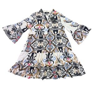Miduo Dress Women's Small NWT Knee Length Motifs‎ Bell Sleeve Tiered White Pink